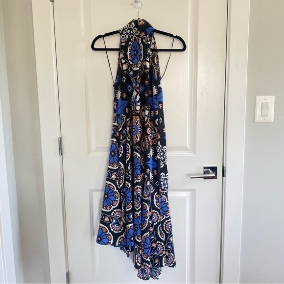 By Anthropologie Silk Halter Blue Motif Midi Dress - Picture 3 of 7